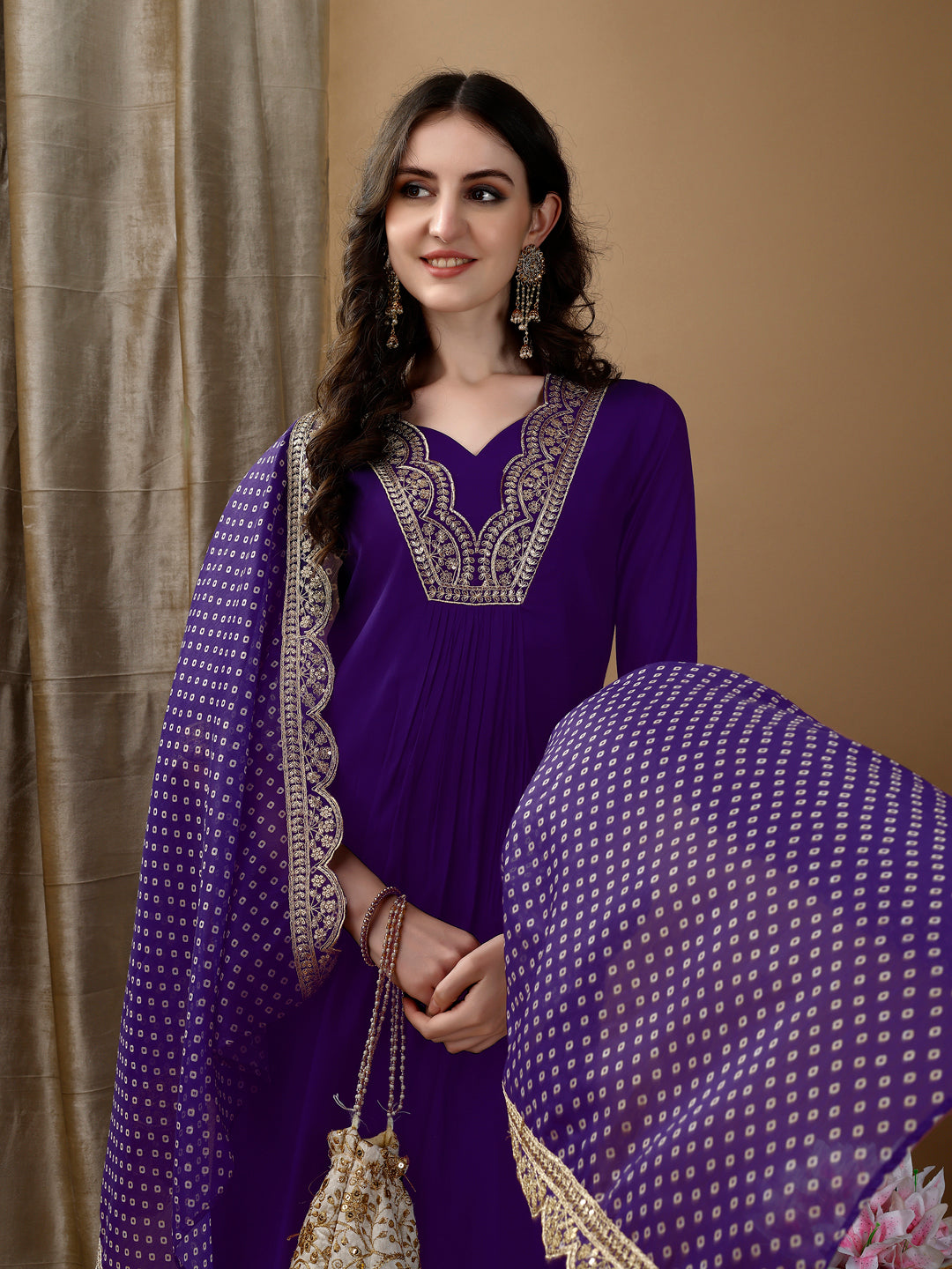 Embroidered Kurta With Pant & Bandhani Printed Embroidered Dupatta, Purple - Hiral Fashion