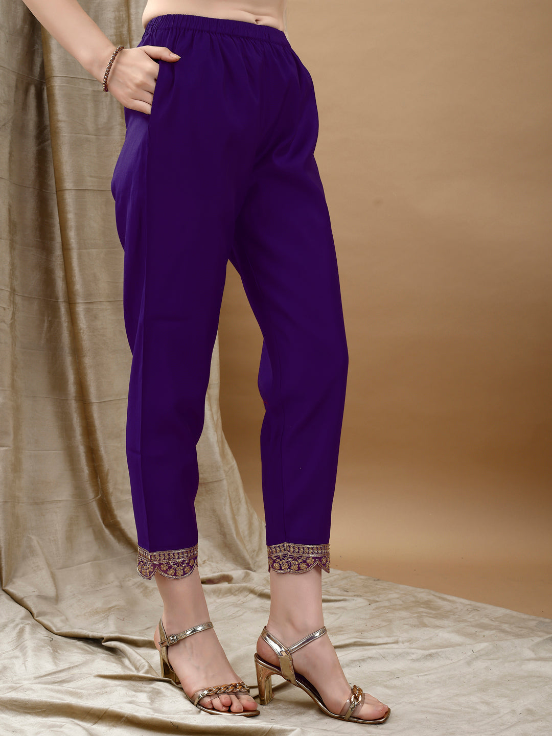 Embroidered Kurta With Pant & Bandhani Printed Embroidered Dupatta, Purple - Hiral Fashion