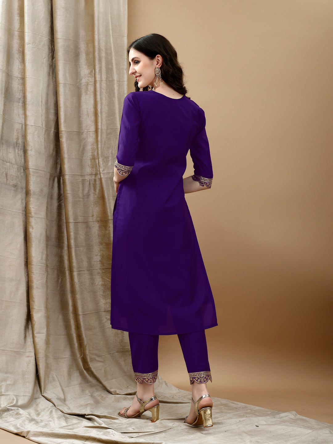 Embroidered Kurta With Pant & Bandhani Printed Embroidered Dupatta, Purple - Hiral Fashion