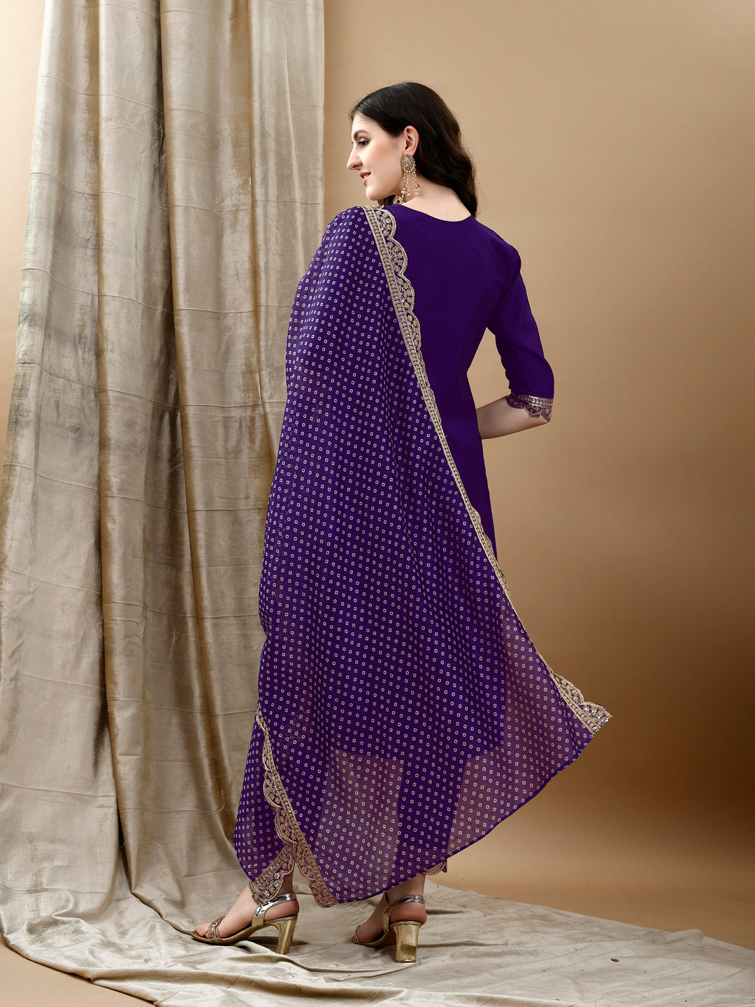 Embroidered Kurta With Pant & Bandhani Printed Embroidered Dupatta, Purple - Hiral Fashion