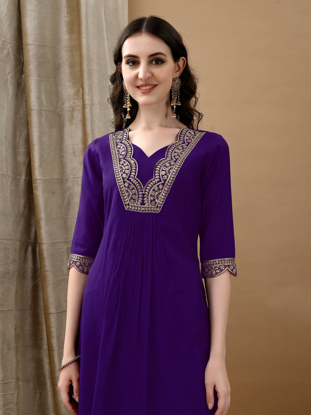 Embroidered Kurta With Pant & Bandhani Printed Embroidered Dupatta, Purple - Hiral Fashion