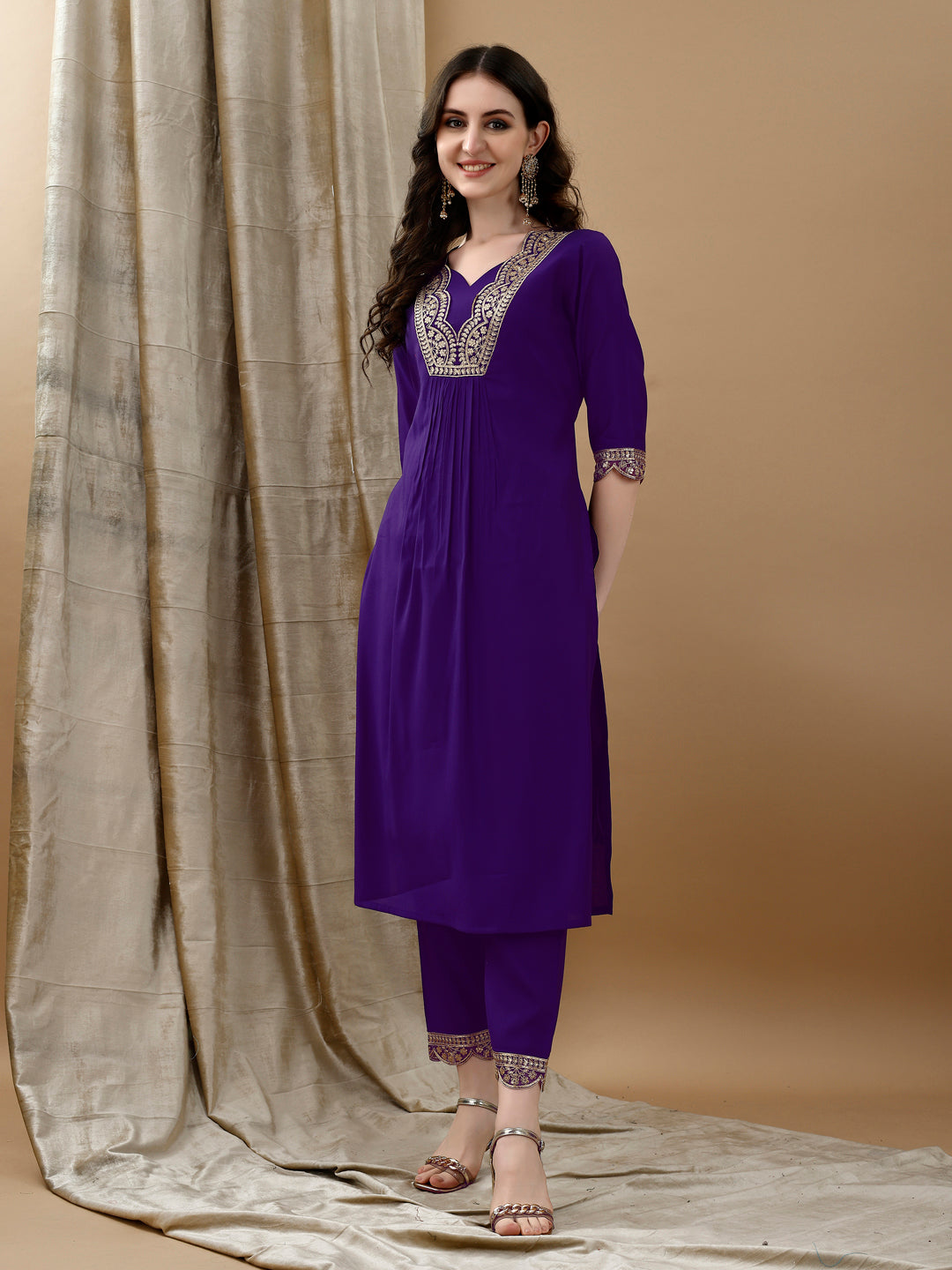 Embroidered Kurta With Pant & Bandhani Printed Embroidered Dupatta, Purple - Hiral Fashion