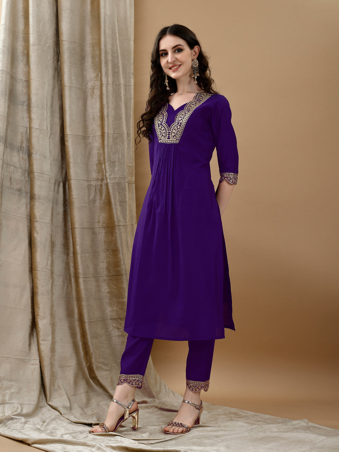 Embroidered Kurta With Pant & Bandhani Printed Embroidered Dupatta, Purple - Hiral Fashion