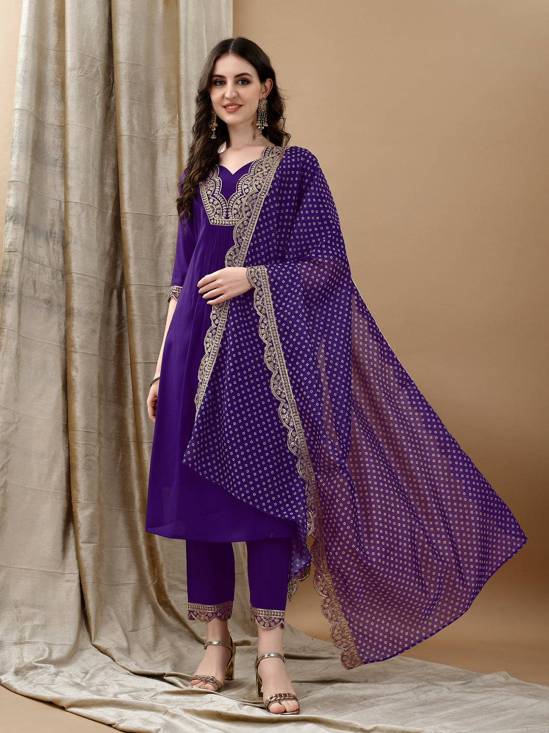 Embroidered Kurta With Pant & Bandhani Printed Embroidered Dupatta, Purple - Hiral Fashion