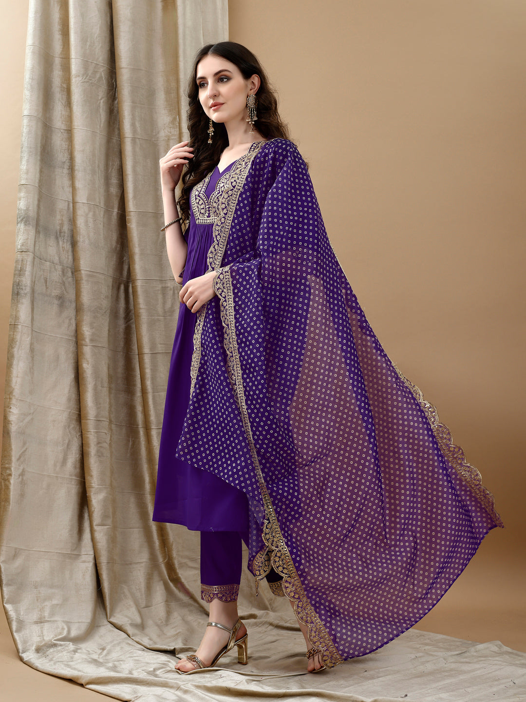 Embroidered Kurta With Pant & Bandhani Printed Embroidered Dupatta, Purple - Hiral Fashion