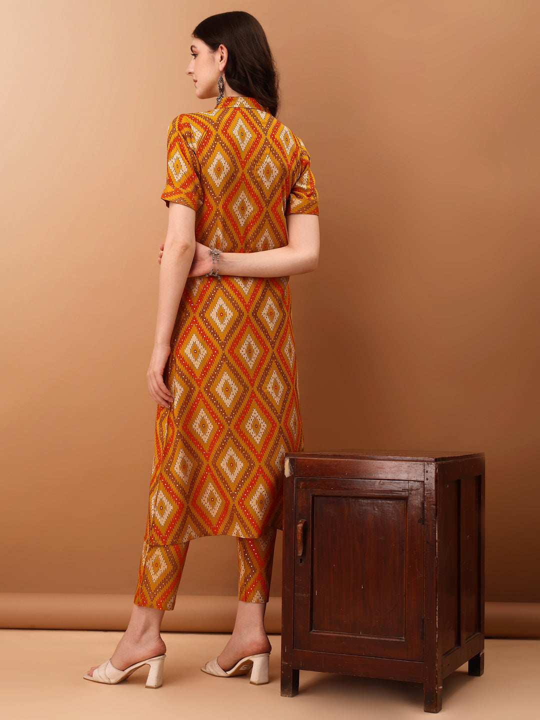 Printed Rayon Front Buttoned Collared Co-Ords Set, Mustard - Hiral Fashion