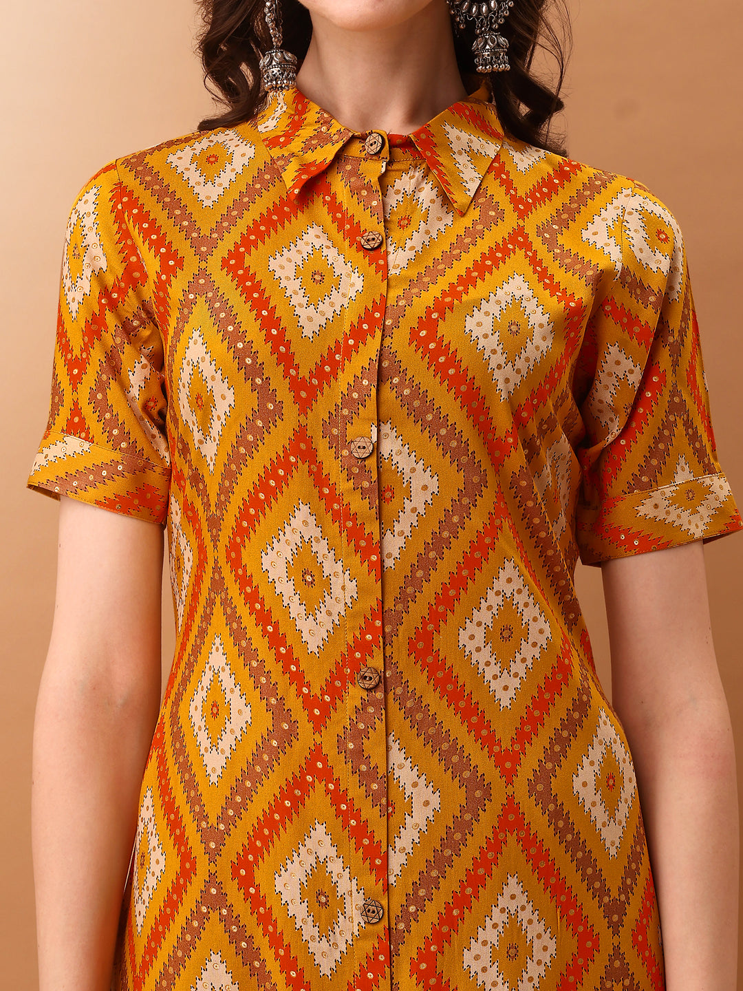 Printed Rayon Front Buttoned Collared Co-Ords Set, Mustard - Hiral Fashion