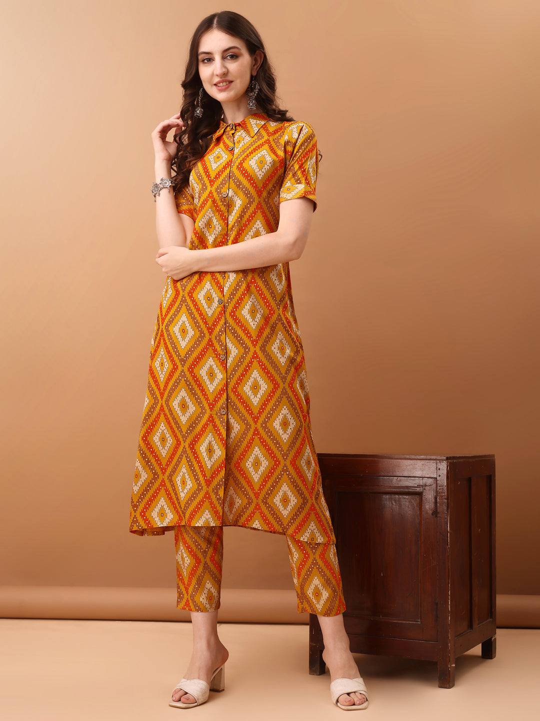 Printed Rayon Front Buttoned Collared Co-Ords Set, Mustard - Hiral Fashion