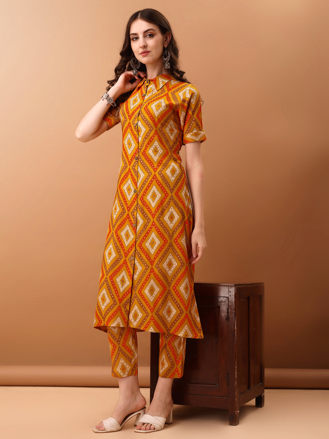 Printed Rayon Front Buttoned Collared Co-Ords Set, Mustard - Hiral Fashion