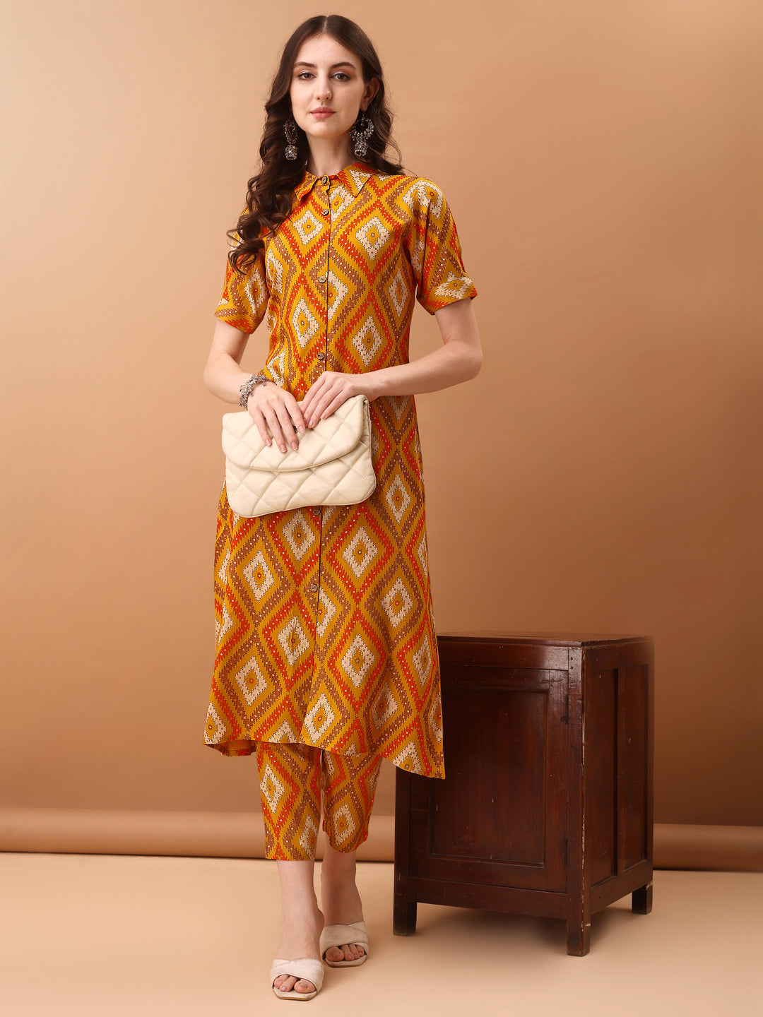 Printed Rayon Front Buttoned Collared Co-Ords Set, Mustard - Hiral Fashion
