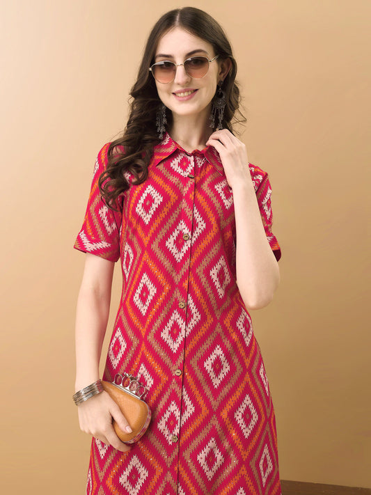 Printed Rayon Front Buttoned Collared Co-Ords Set, Rani - Hiral Fashion
