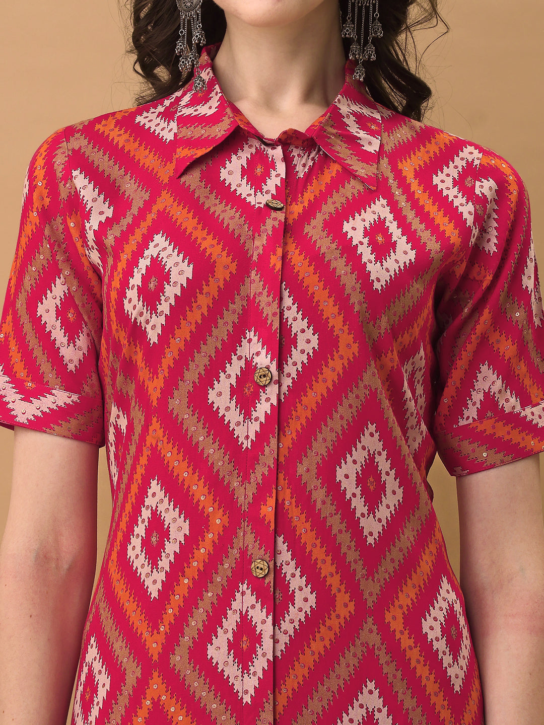 Printed Rayon Front Buttoned Collared Co-Ords Set, Rani - Hiral Fashion