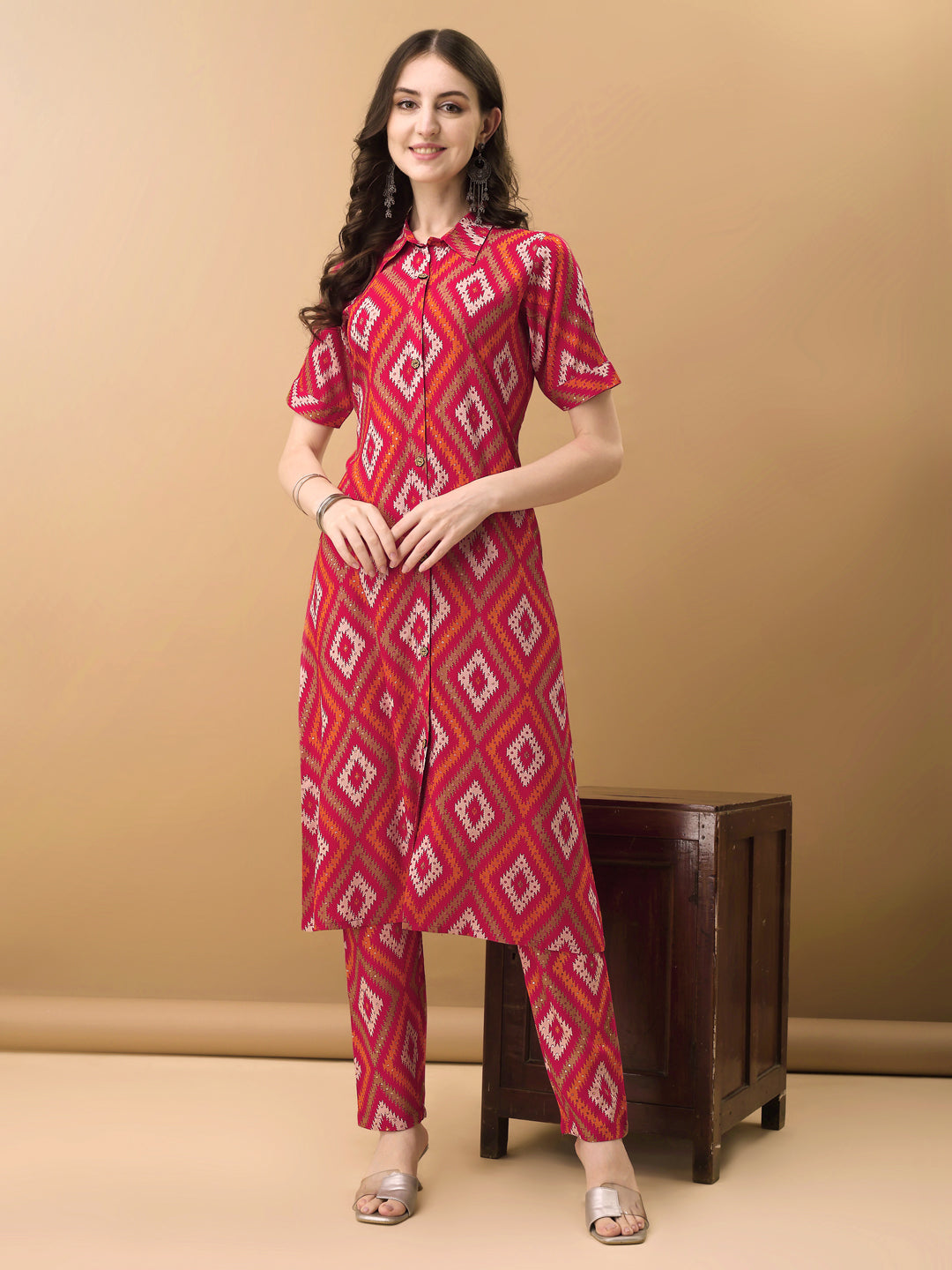 Printed Rayon Front Buttoned Collared Co-Ords Set, Rani - Hiral Fashion