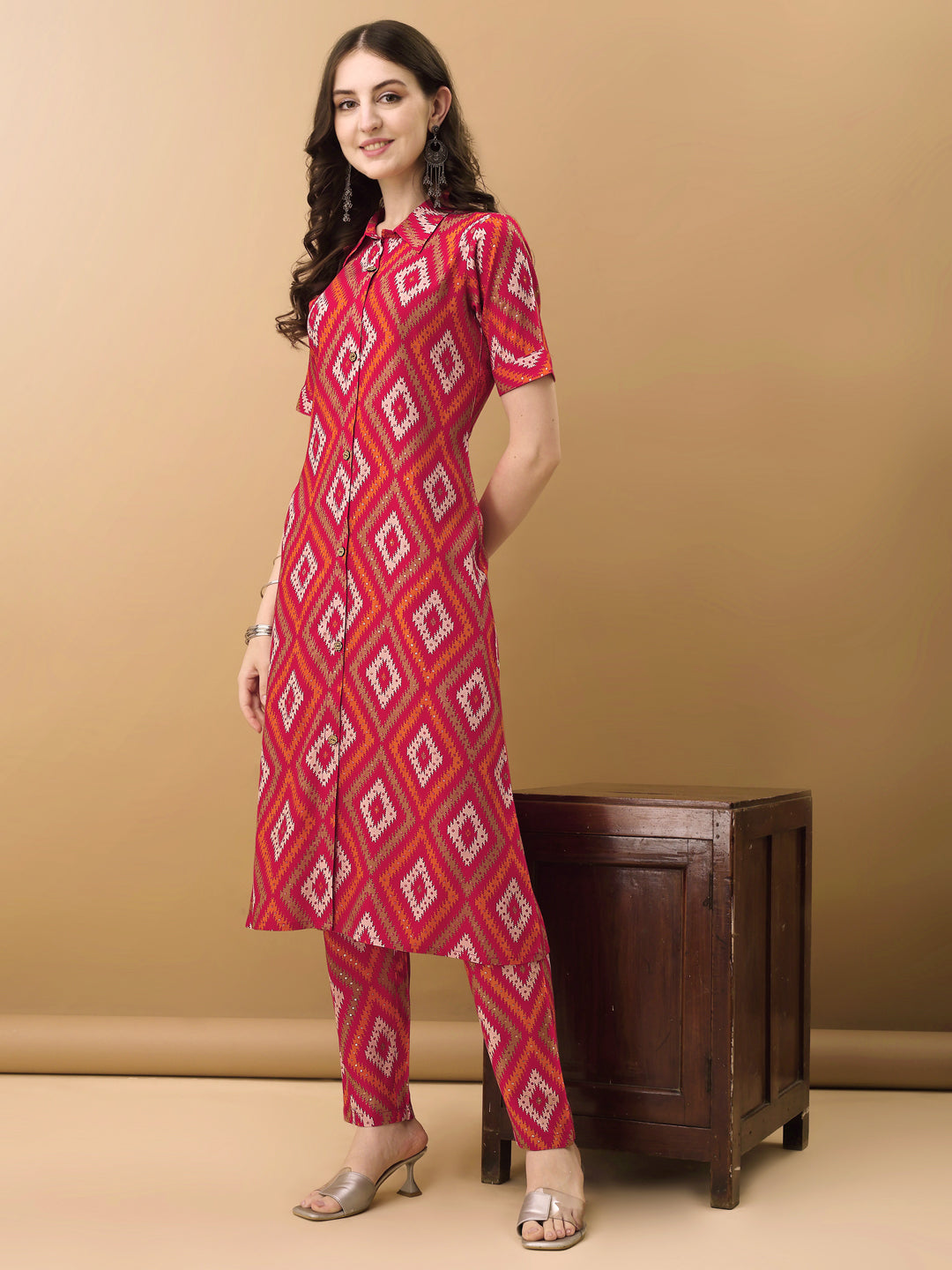 Printed Rayon Front Buttoned Collared Co-Ords Set, Rani - Hiral Fashion