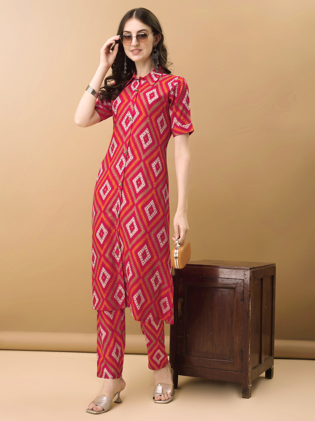 Printed Rayon Front Buttoned Collared Co-Ords Set, Rani - Hiral Fashion