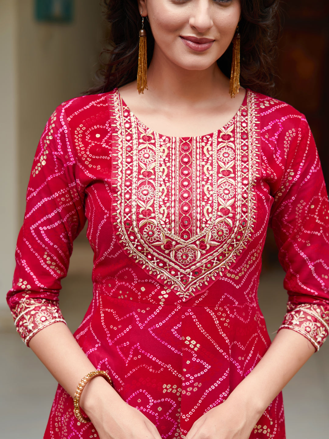 Embroidered & Bandhani Printed Flared Kurta With Pant & Printed Dupatta, Rani - Hiral Fashion