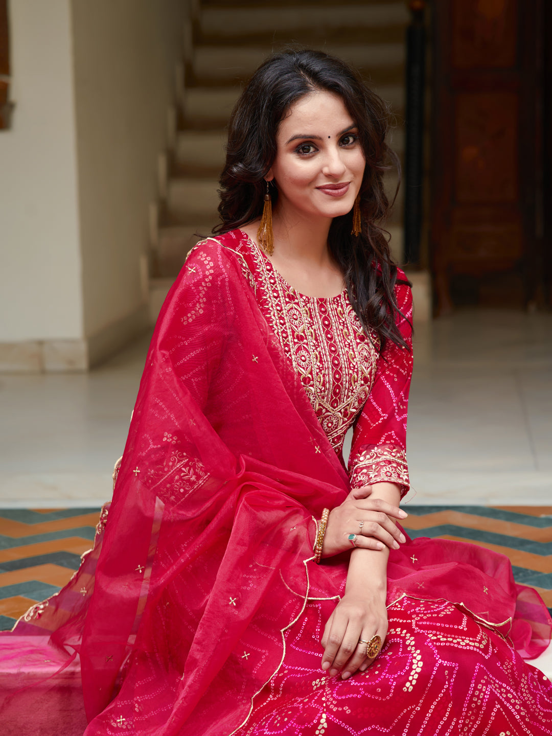Embroidered & Bandhani Printed Flared Kurta With Pant & Printed Dupatta, Rani - Hiral Fashion