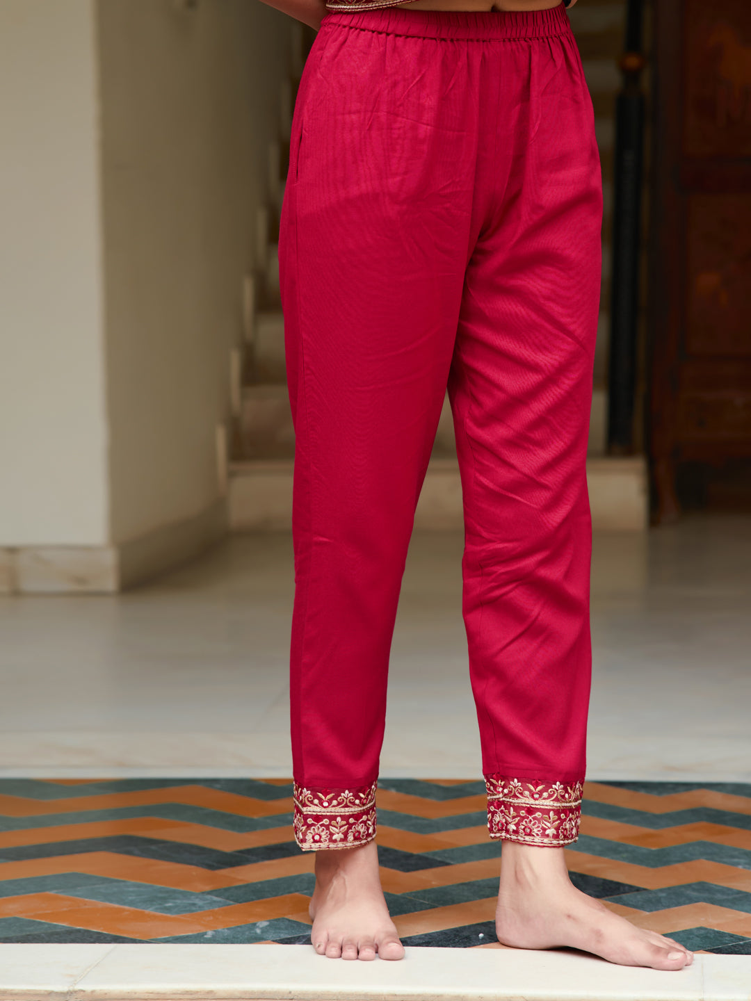 Embroidered & Bandhani Printed Flared Kurta With Pant & Printed Dupatta, Rani - Hiral Fashion