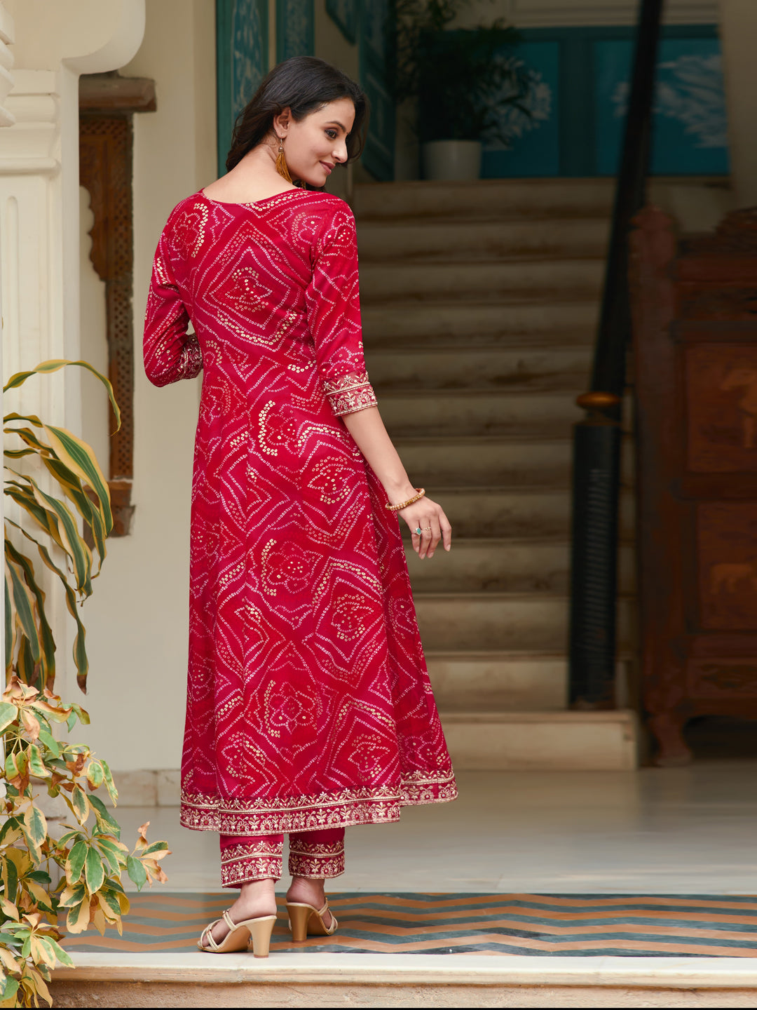 Embroidered & Bandhani Printed Flared Kurta With Pant & Printed Dupatta, Rani - Hiral Fashion