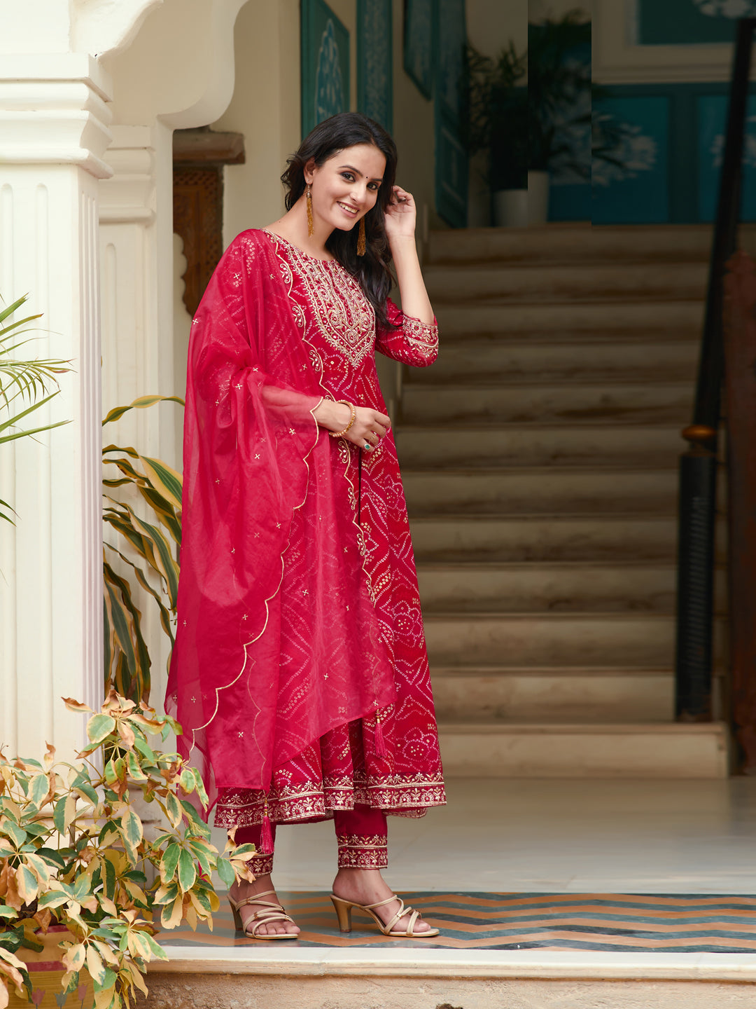 Embroidered & Bandhani Printed Flared Kurta With Pant & Printed Dupatta, Rani - Hiral Fashion