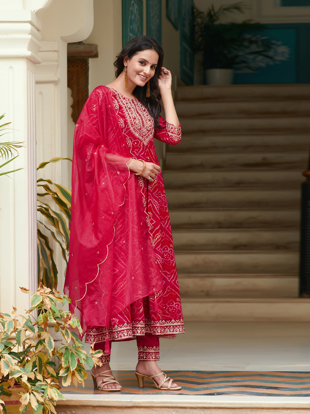 Embroidered & Bandhani Printed Flared Kurta With Pant & Printed Dupatta, Rani - Hiral Fashion