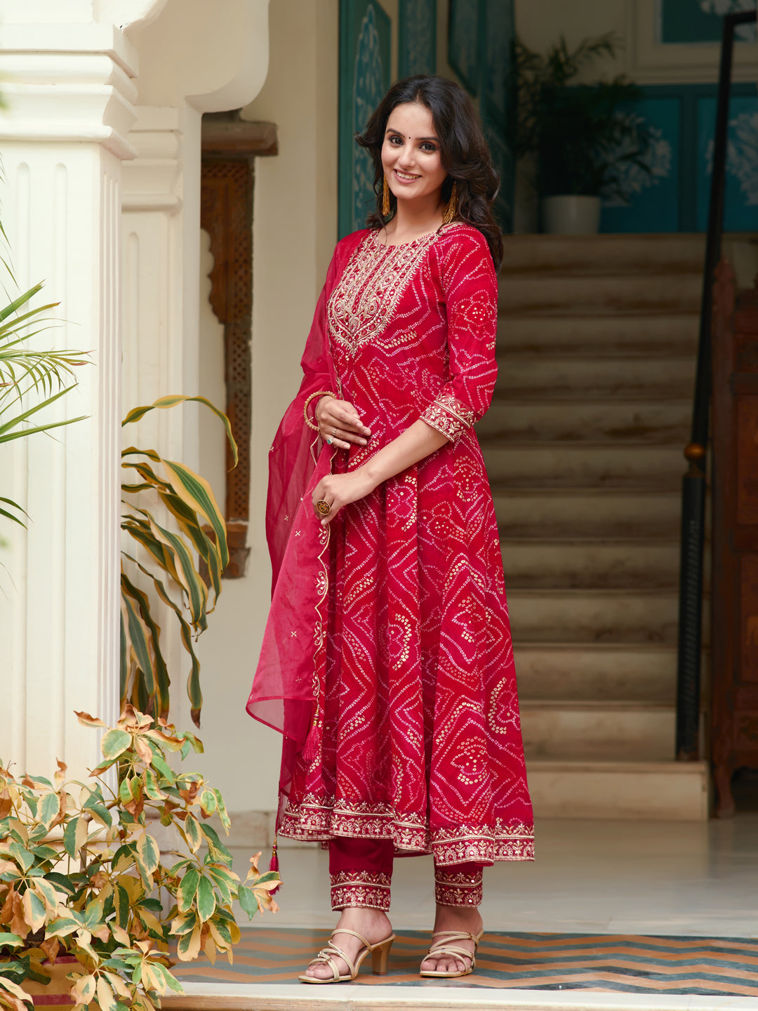 Embroidered & Bandhani Printed Flared Kurta With Pant & Printed Dupatta, Rani - Hiral Fashion