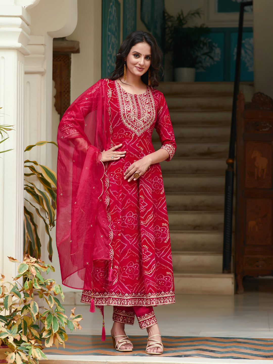 Embroidered & Bandhani Printed Flared Kurta With Pant & Printed Dupatta, Rani - Hiral Fashion