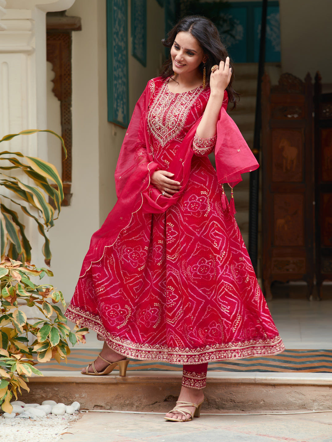 Embroidered & Bandhani Printed Flared Kurta With Pant & Printed Dupatta, Rani - Hiral Fashion