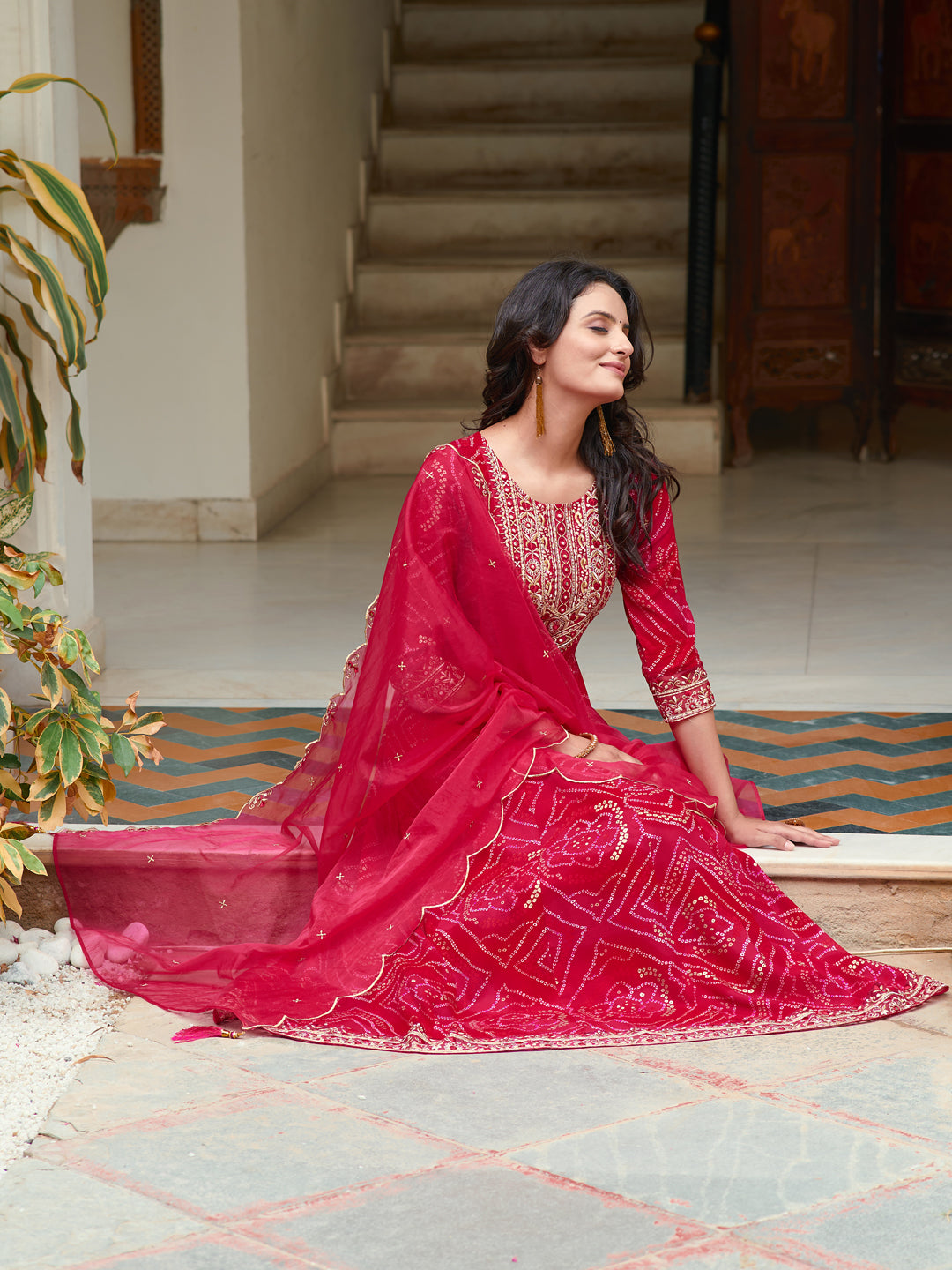 Embroidered & Bandhani Printed Flared Kurta With Pant & Printed Dupatta, Rani - Hiral Fashion