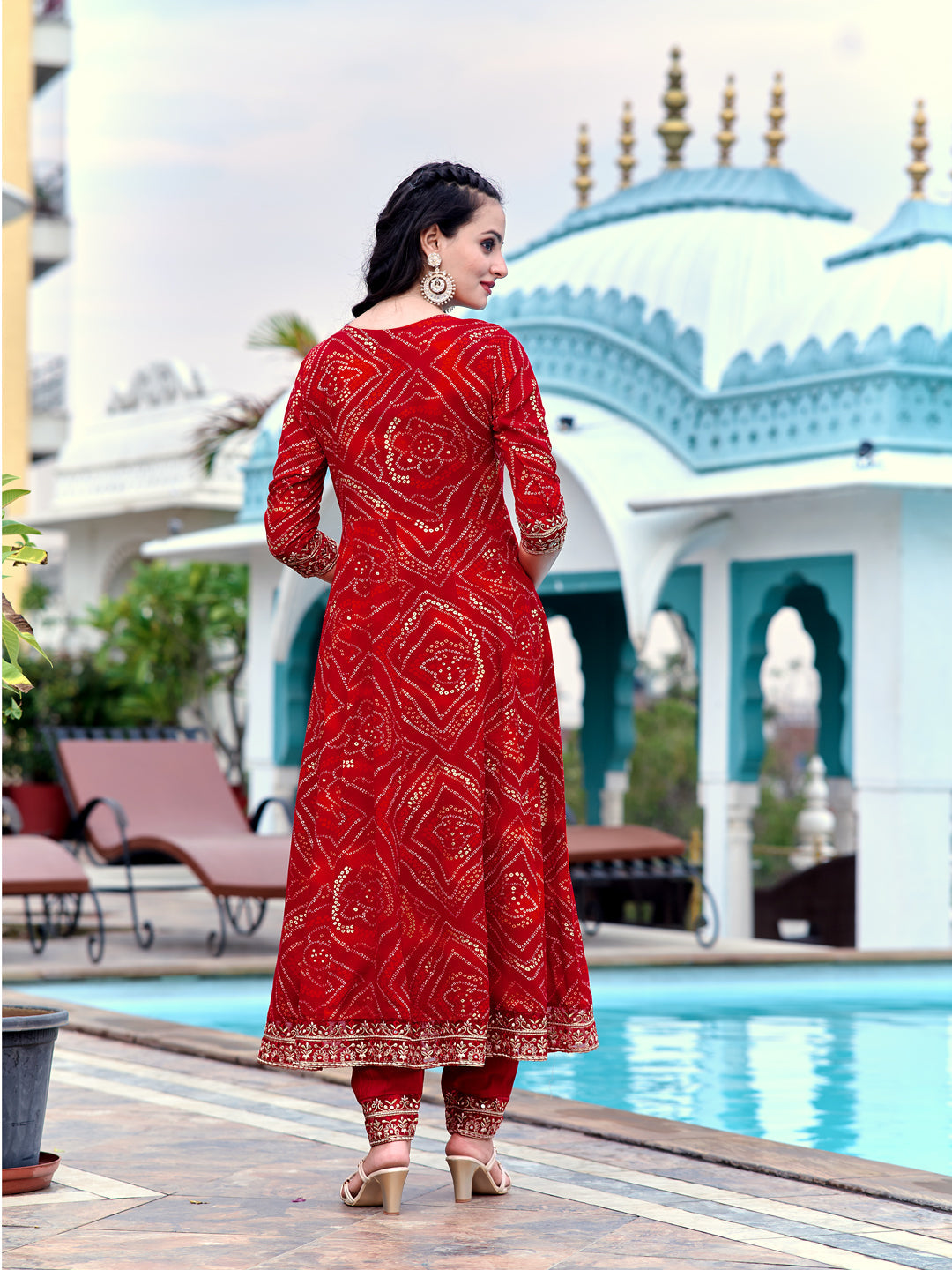 Embroidered & Bandhani Printed Flared Kurta With Pant & Printed Dupatta, Red - Hiral Fashion
