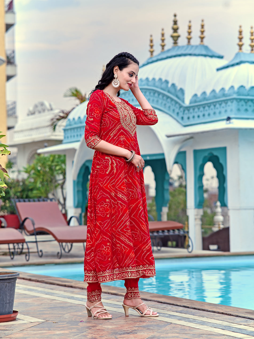 Embroidered & Bandhani Printed Flared Kurta With Pant & Printed Dupatta, Red - Hiral Fashion