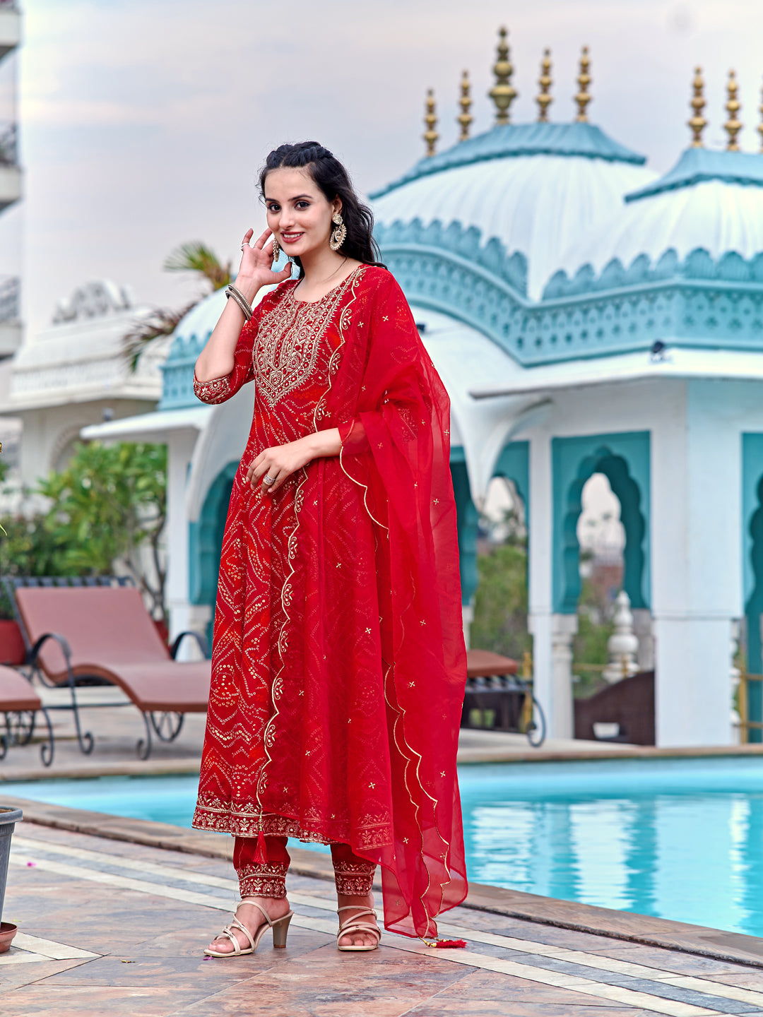 Embroidered & Bandhani Printed Flared Kurta With Pant & Printed Dupatta, Red - Hiral Fashion
