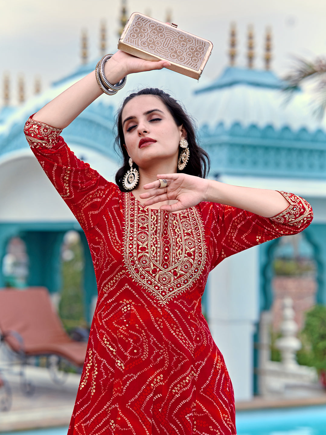 Embroidered & Bandhani Printed Flared Kurta With Pant & Printed Dupatta, Red - Hiral Fashion