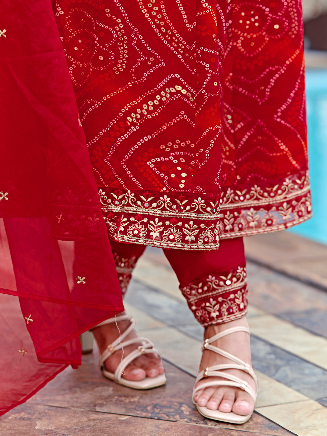 Embroidered & Bandhani Printed Flared Kurta With Pant & Printed Dupatta, Red - Hiral Fashion