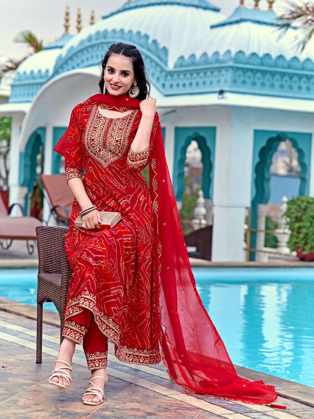 Embroidered & Bandhani Printed Flared Kurta With Pant & Printed Dupatta, Red - Hiral Fashion