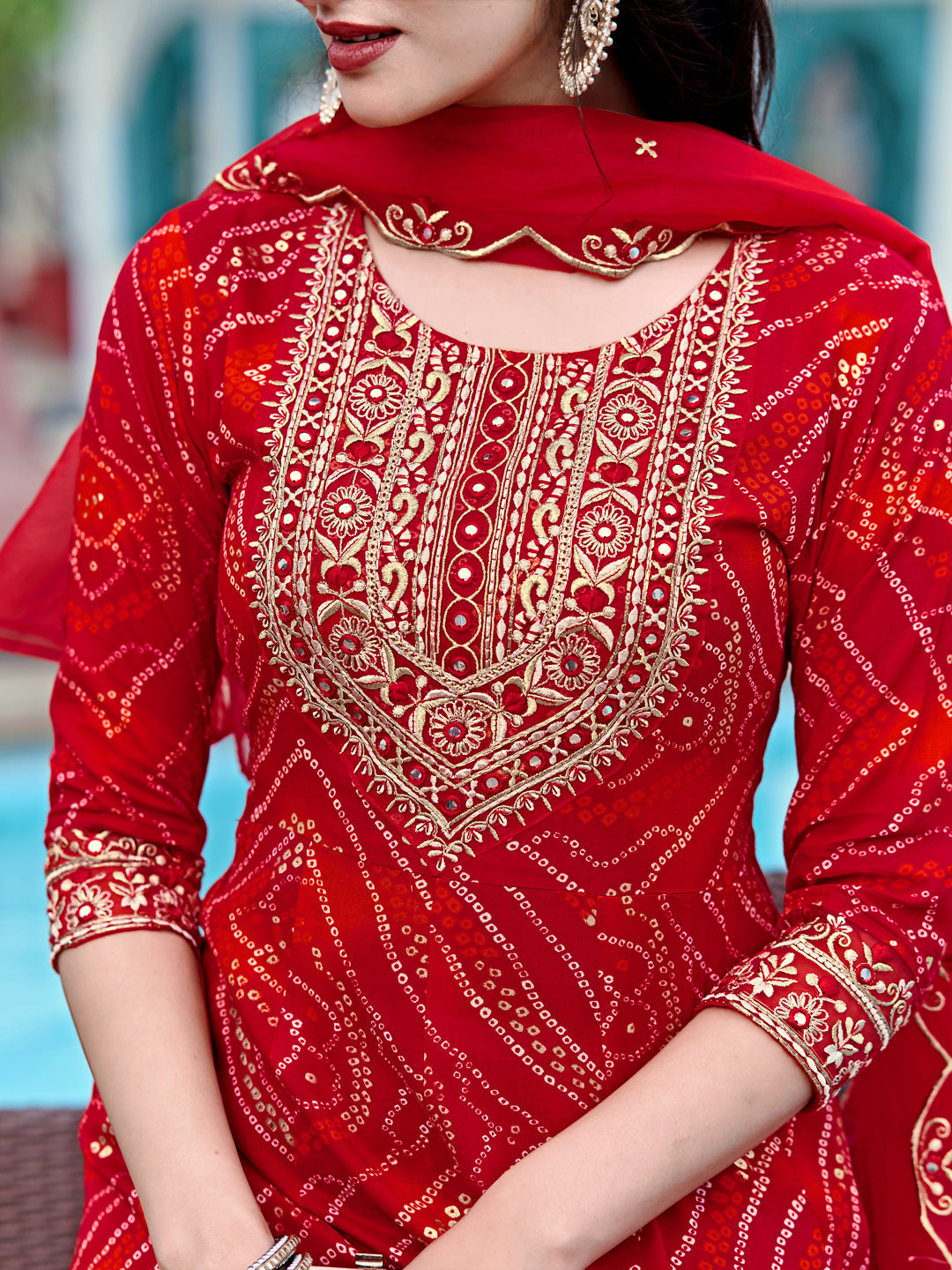 Embroidered & Bandhani Printed Flared Kurta With Pant & Printed Dupatta, Red - Hiral Fashion