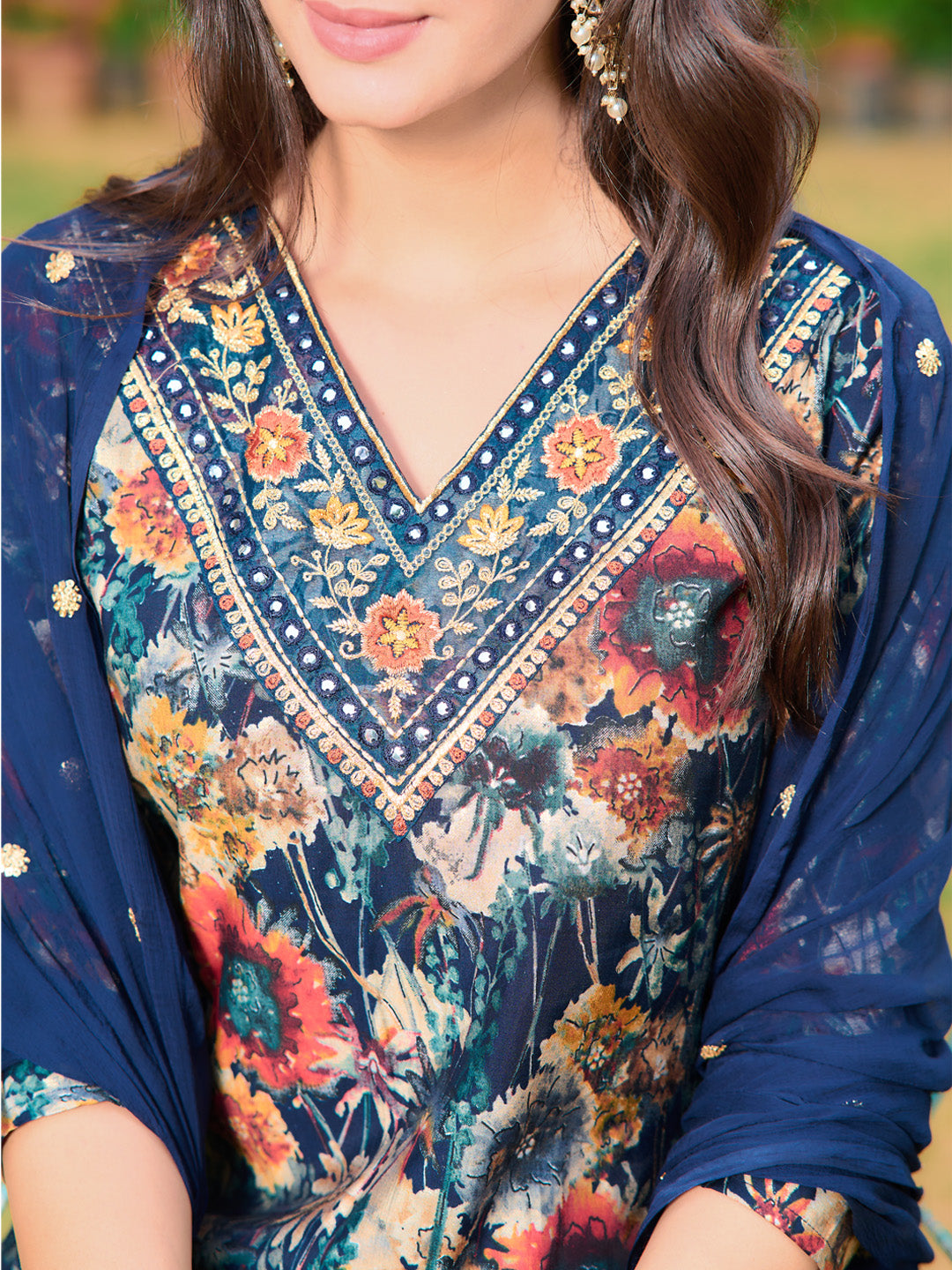 Embroidered & Floral Printed Kurta With Pant & Embroidered Dupatta, Navy Blue - Hiral Fashion