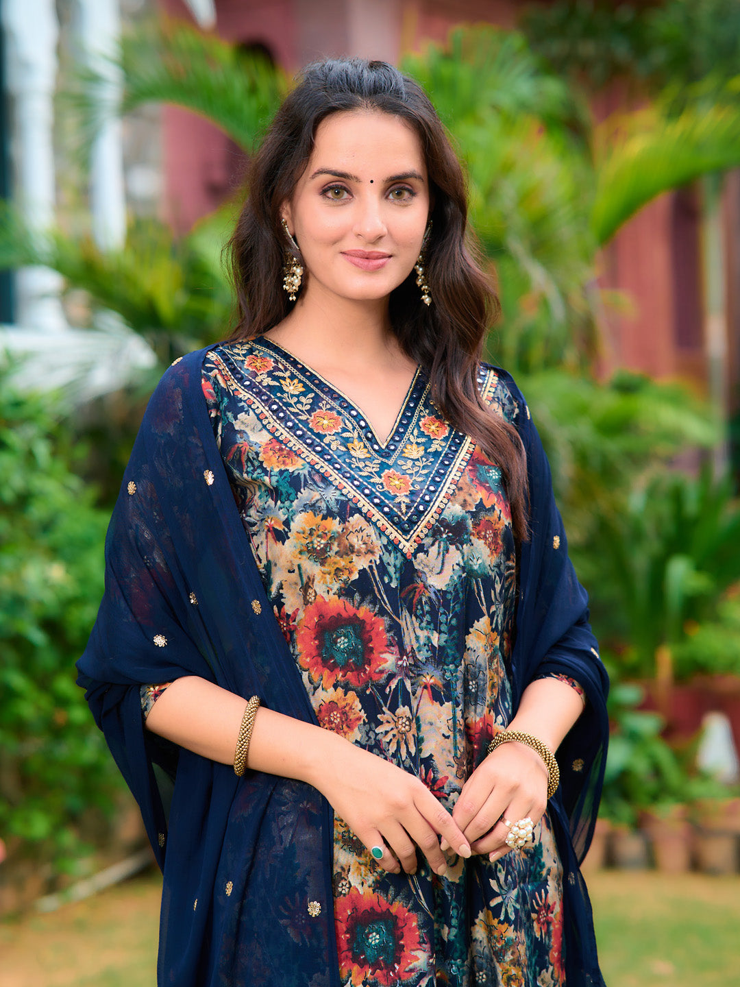 Embroidered & Floral Printed Kurta With Pant & Embroidered Dupatta, Navy Blue - Hiral Fashion