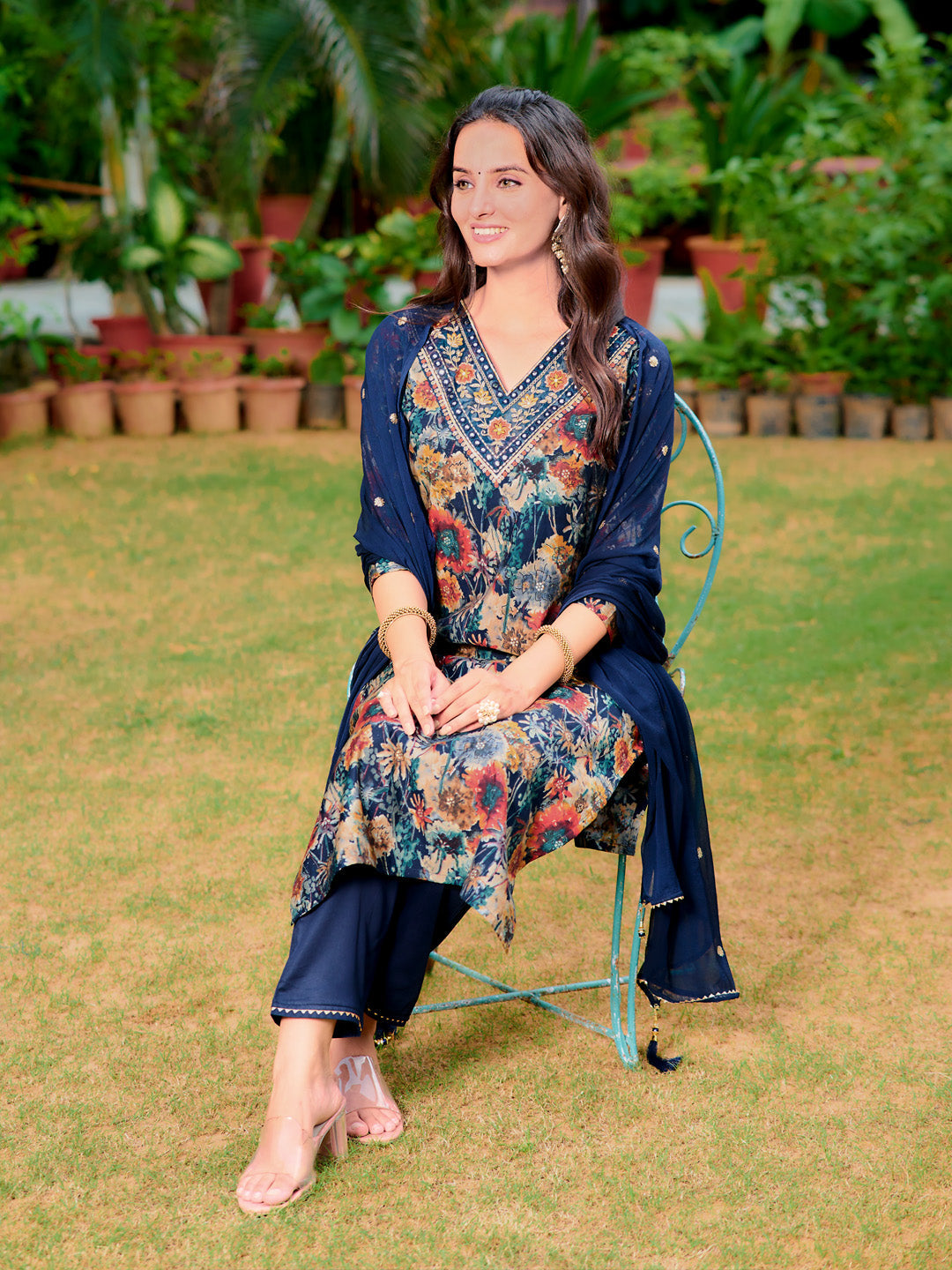 Embroidered & Floral Printed Kurta With Pant & Embroidered Dupatta, Navy Blue - Hiral Fashion