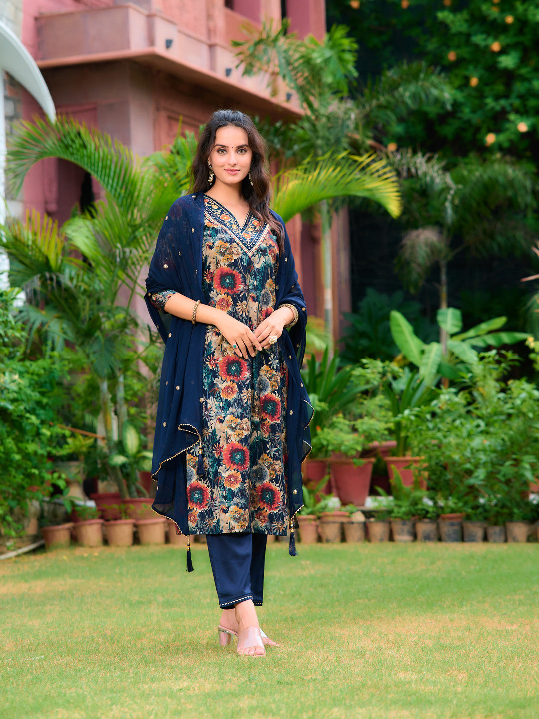Embroidered & Floral Printed Kurta With Pant & Embroidered Dupatta, Navy Blue - Hiral Fashion