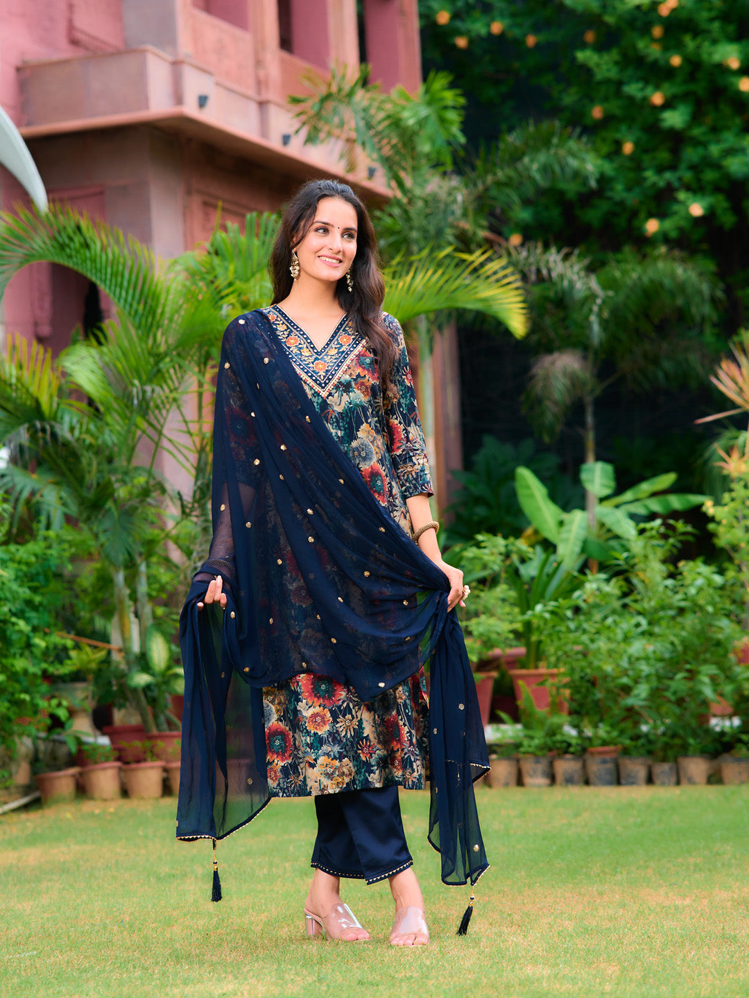 Embroidered & Floral Printed Kurta With Pant & Embroidered Dupatta, Navy Blue - Hiral Fashion