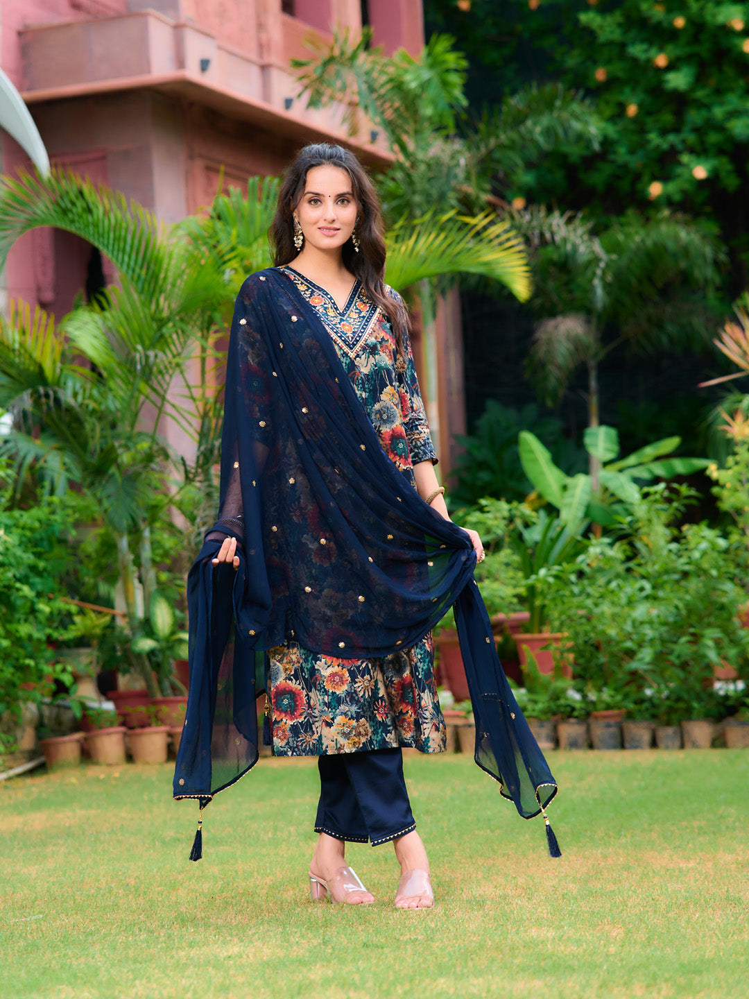 Embroidered & Floral Printed Kurta With Pant & Embroidered Dupatta, Navy Blue - Hiral Fashion