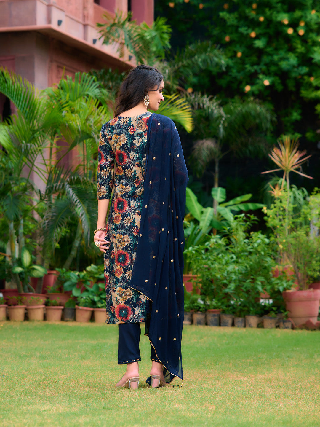 Embroidered & Floral Printed Kurta With Pant & Embroidered Dupatta, Navy Blue - Hiral Fashion