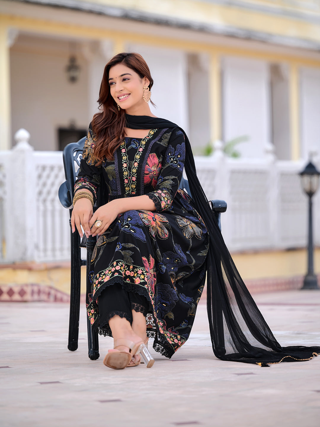 Floral Printed Embroidered Kurta With Pant & Dupatta, Black - Hiral Fashion