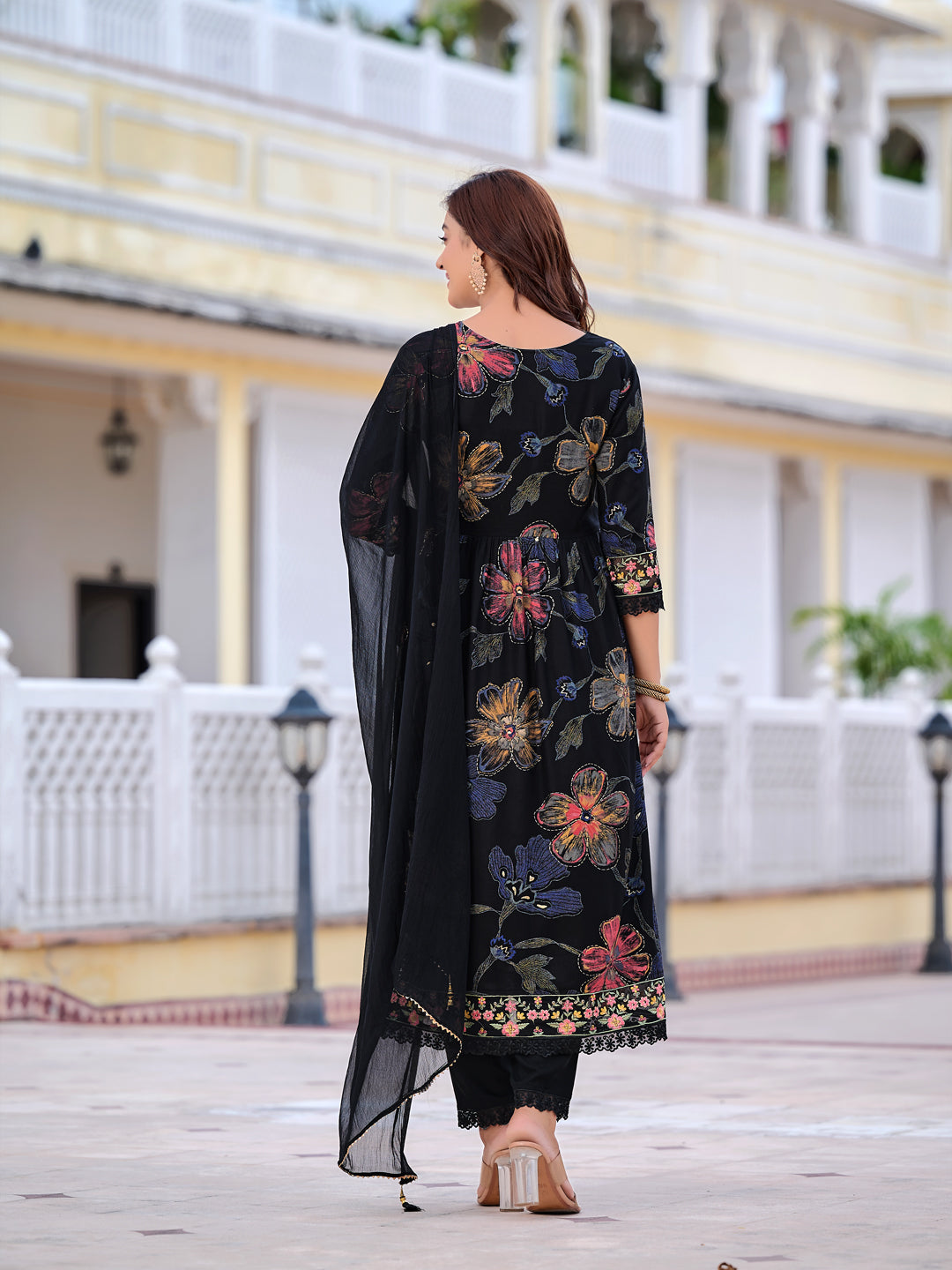 Floral Printed Embroidered Kurta With Pant & Dupatta, Black - Hiral Fashion