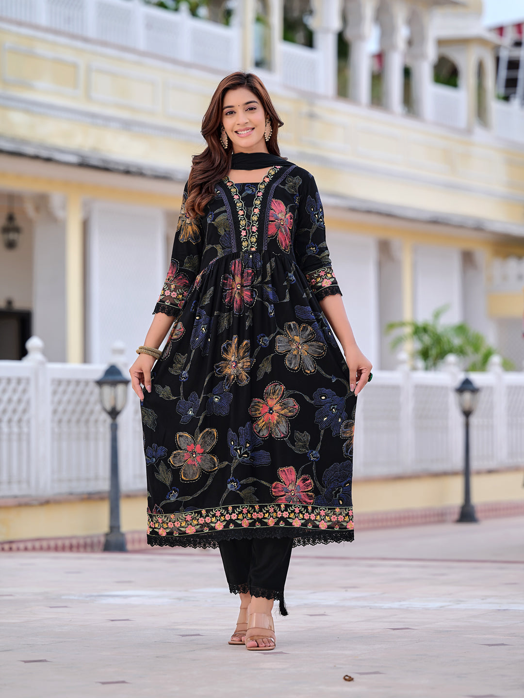Floral Printed Embroidered Kurta With Pant & Dupatta, Black - Hiral Fashion