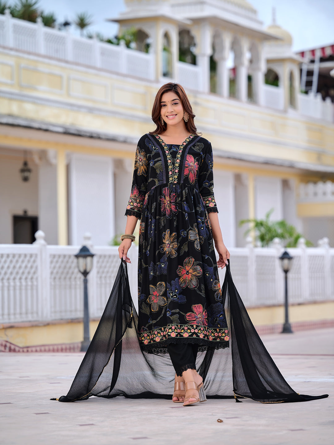Floral Printed Embroidered Kurta With Pant & Dupatta, Black - Hiral Fashion
