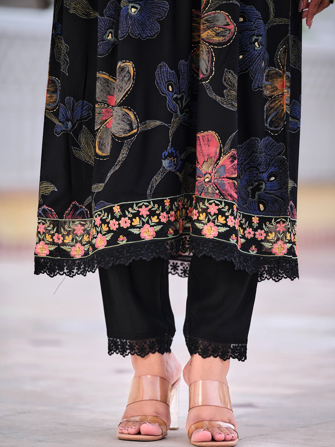 Floral Printed Embroidered Kurta With Pant & Dupatta, Black - Hiral Fashion