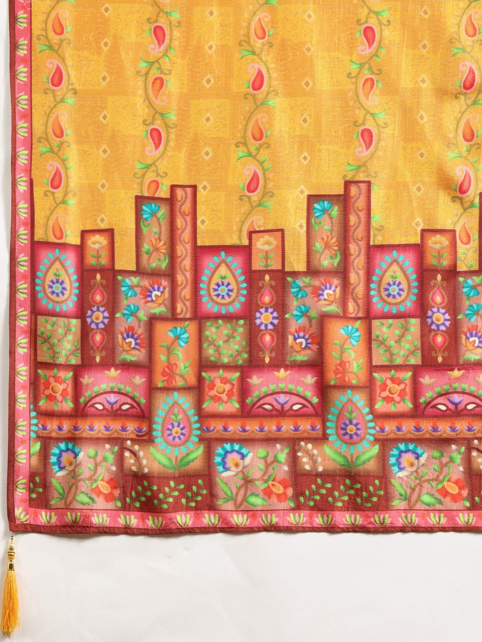 Hand Embroidered & Printed Pure Silk Kurta With Pant & Printed Dupatta, Mustard - Hiral Fashion
