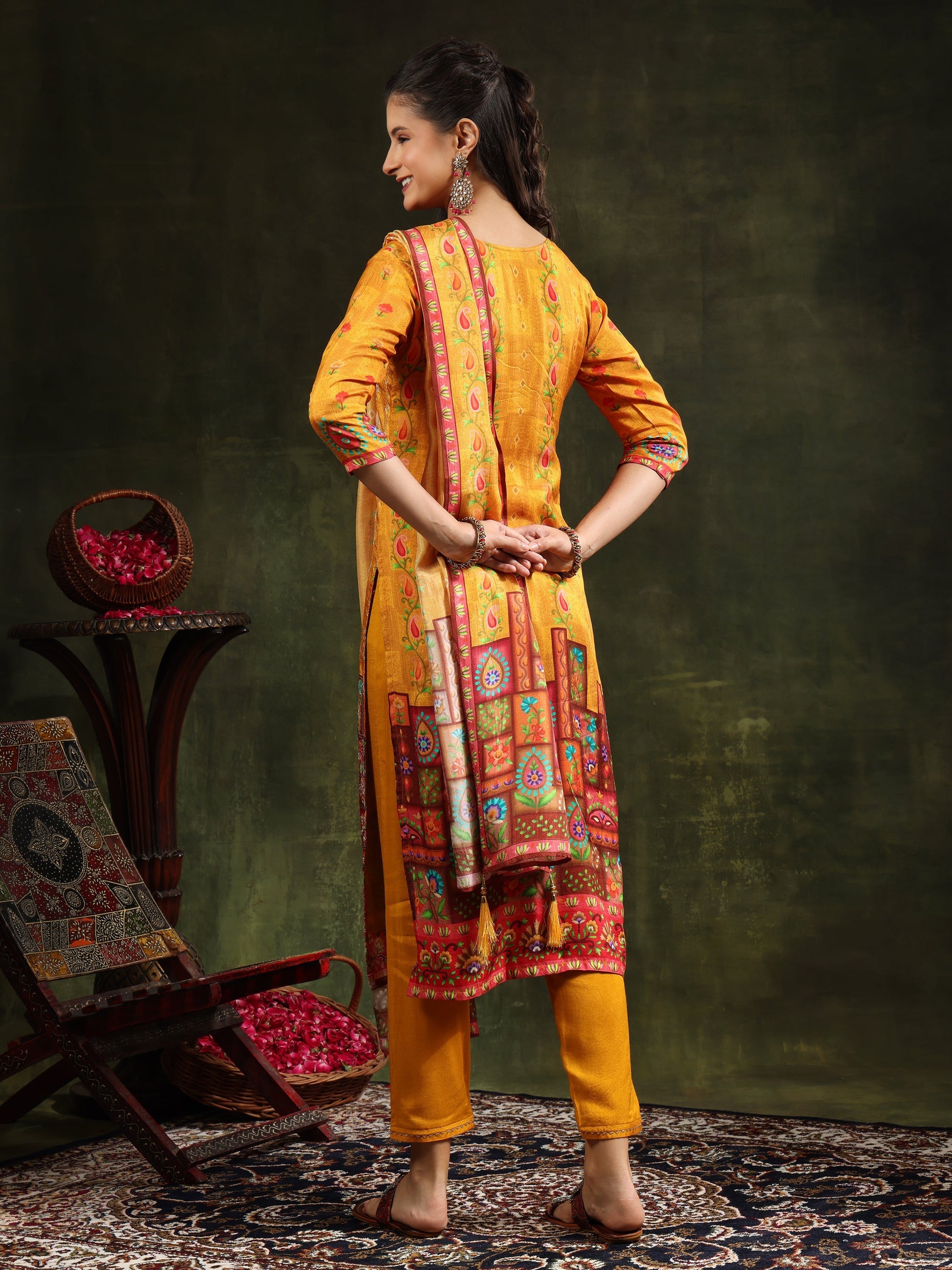 Hand Embroidered & Printed Pure Silk Kurta With Pant & Printed Dupatta, Mustard - Hiral Fashion